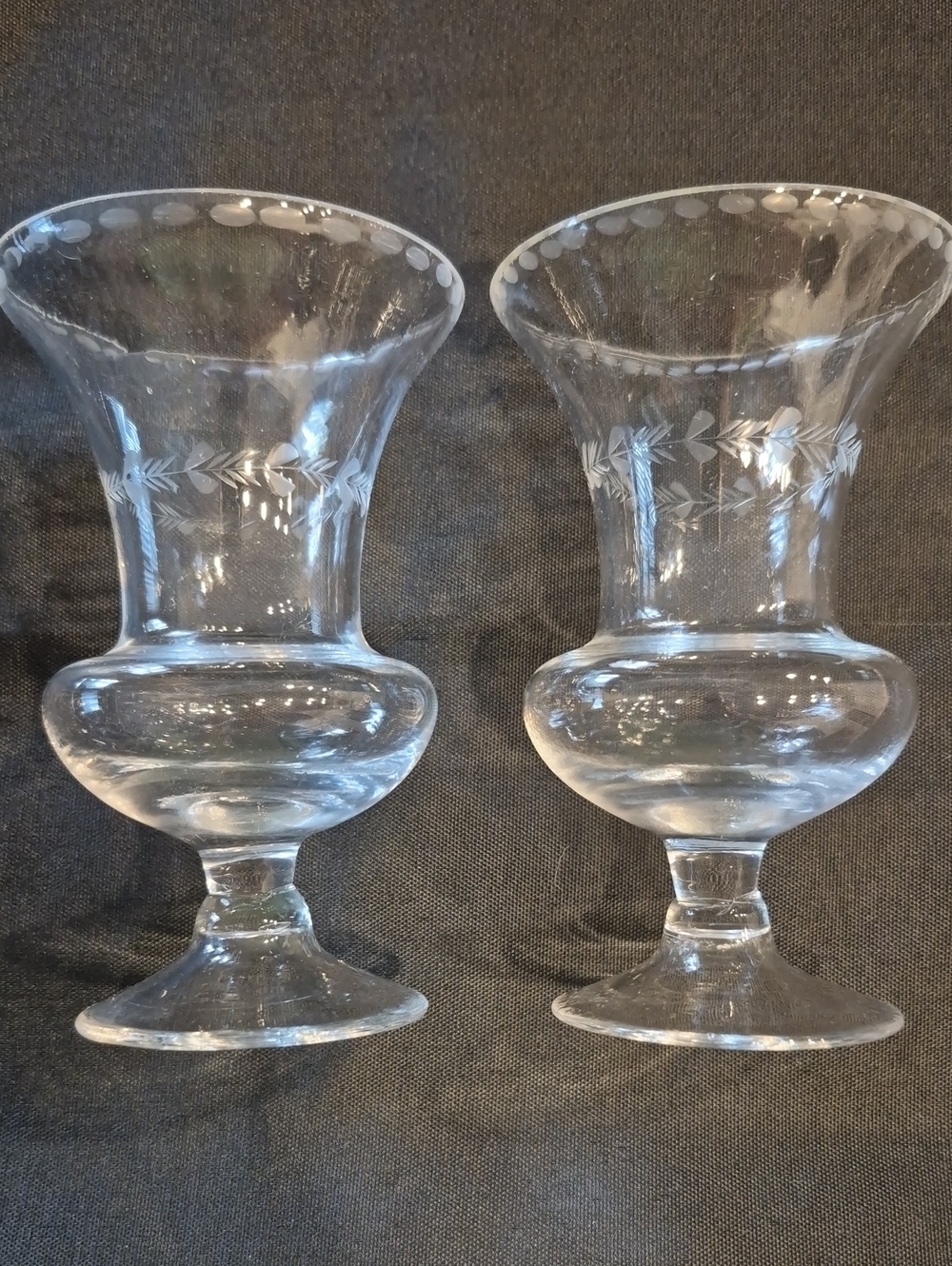 Vintage Crystal Etched Glass Pedestal Vases Set Of 2
